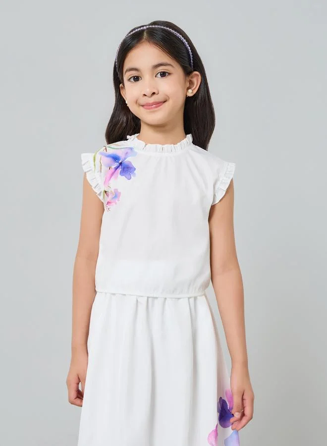 ستايلي طقم من بلوزة وتنورة بطبعة زهور للبنات